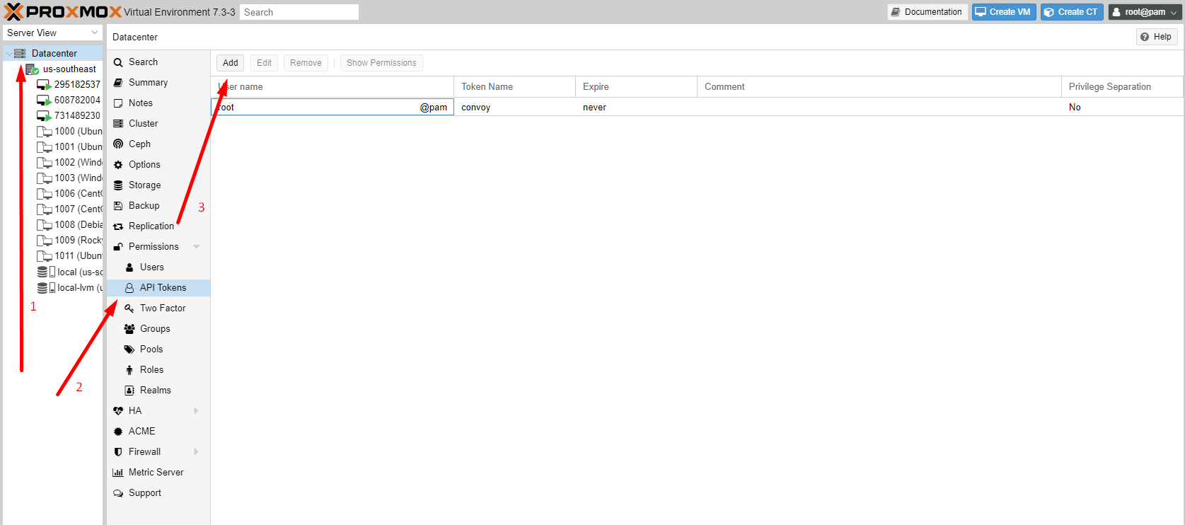 Arrow directions to locating where to add tokens in Proxmox's interface